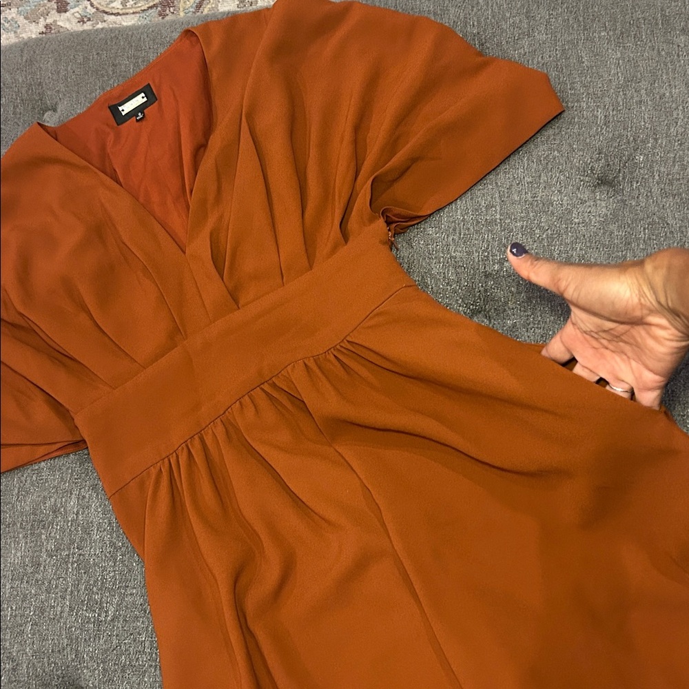Alexia Admor Terracotta Orange V Neck High Waist Dress w/Pockets - Picture 2 of 5